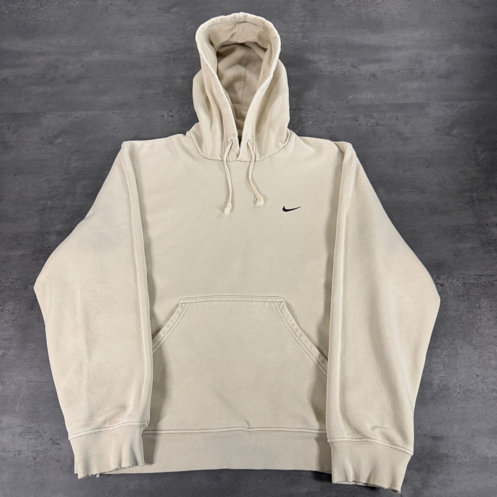 Vintage Nike Hoodie Mens M Oatmeal Cream Beige Mini Swoosh Pullover‎ Distressed